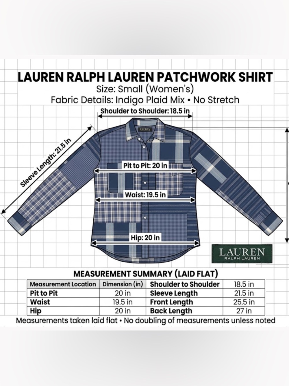 Lauren Ralph Lauren Indigo Patchwork Plaid Linen-Blend Button Down Shirt Small - Picture 12 of 14